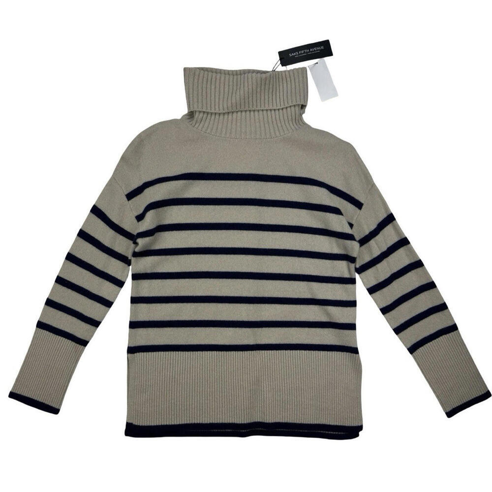 Saks Fifth Avenue Cashmere Pullover Turtleneck Sweater Striped Beige Size XS